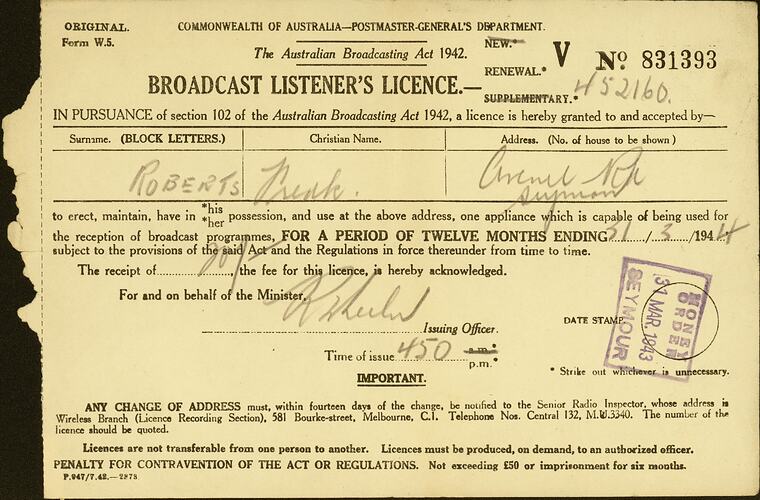 Broadcast Listener's Licence - Commonwealth of Australia, Postmaster General's Department, 31 Mar 1943