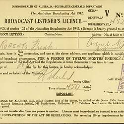 Broadcast Listener's Licence - Frederick & Amelia Roberts, Commonwealth of Australia, Postmaster General's Department, 31 Mar 1943