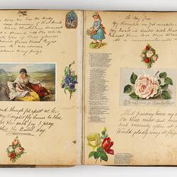 Open scrapbook showing 2 pages of inscriptions and illustrations, mostly portraits, birds and floral motifs.