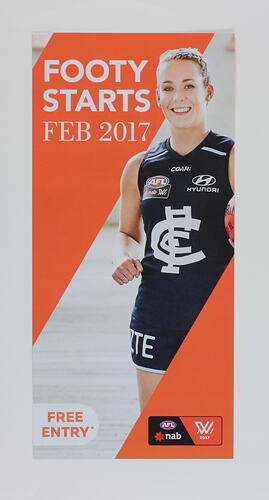 Flyer with female footballer, orange background.