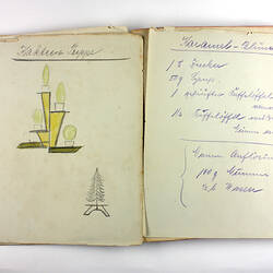 Pages of handwritten recipe book with sketches of cake design.