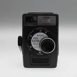Front view of black plastic movie camera.
