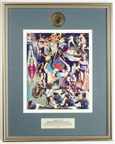 Framed certificate with sports people. Golden wooden frame.