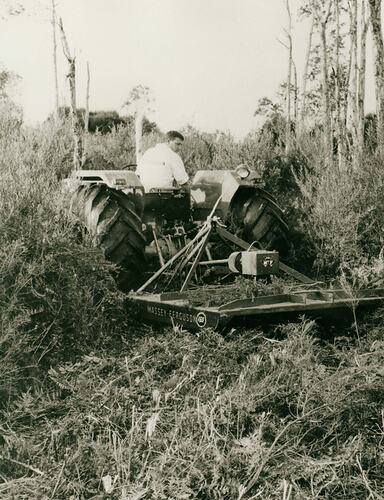 A man driving tractor coupled to a rotary slasher.