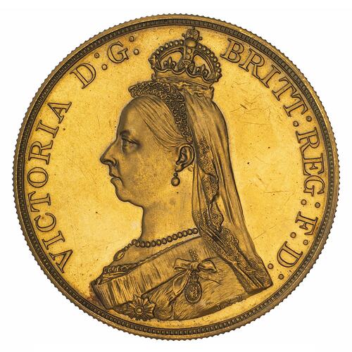 Jubilee bust of female (Queen Victoria) wearing imperial crown and facing left, a long veil falls behind her h