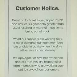 Notice - Customer Notice, Toilet Paper Shortage, Coles, Melbourne, 15 Mar 2020