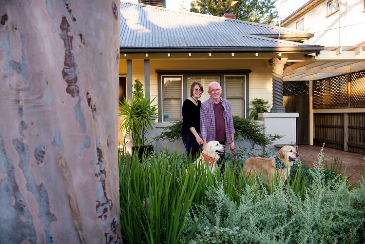 Retired couple at home with their dogs during COVID-19 lockdowns, Northcote, Victoria, 5 May 2020