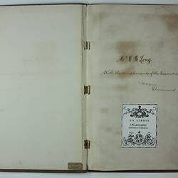 Image of opened book, title page on right, text printed in black ink.