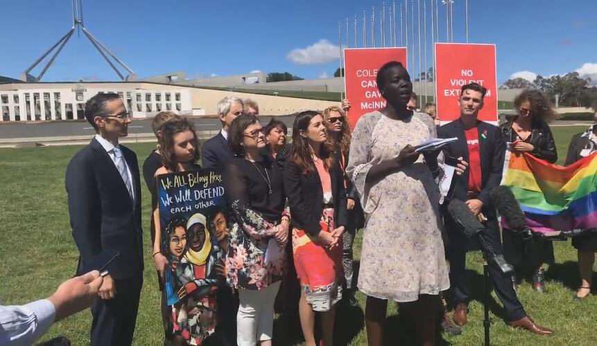 Nyadol Nyuon Speaking at Petition Event, Parliament House, Canberra, 2018