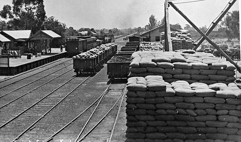 [Wheat stacks and a mixed train, Kyabram Station, circa 1915.]