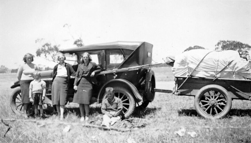 [Car and trailer loaded with camping gear, Apollo Bay, 1920s.]