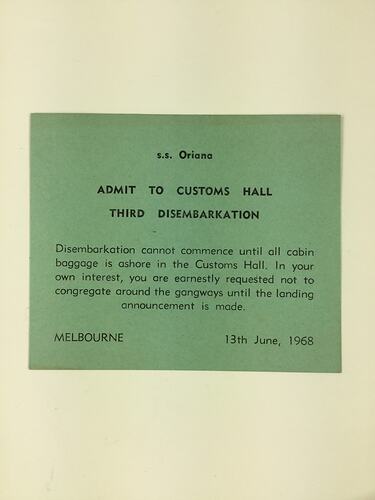 HT 54722, Disembarkation Ticket - SS Oriana, Melbourne, 13 Jun 1968 (MIGRATION), Document, Registered