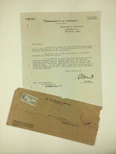 HT 57758, Letter & Envelope - Department of Immigration, Canberra to Aileen Castillo, Richmond, Victoria, 2 Apr 1946 (MIGRATION), Document, Registered