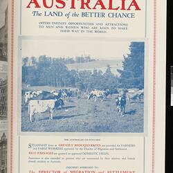 White magazine page with red and blue printed text and image of pastoral scene with cattle.