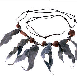 Necklace - Prue Acton, Australiana, Brown Suede Leaves, 1980s