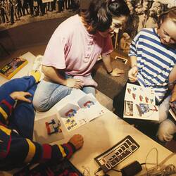 Digital Photograph - Madelaine Aikenhead, Lisa Williams, Odetta Moore & Caitlin O'Connell Working with LEGO Controller, Sunrise School, Melbourne Museum, Russell Street, 1989