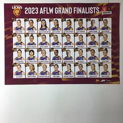 Maroon poster with printed text featuring 24 portraits of female footballers.