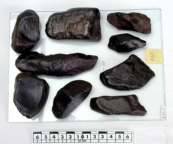 Group of black minerals beside scale bar.