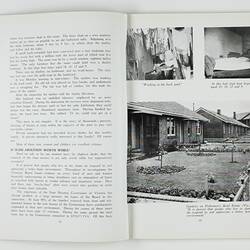 Open booklet with white pages and black printing. Houses on right page.