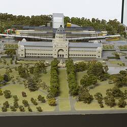 Model of Melbourne Museum, Royal Exhibition Building and Carlton Gardens. View from south.