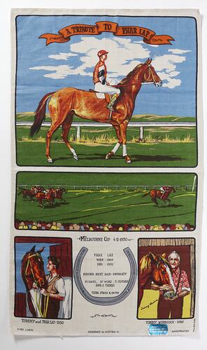 Tea towel, colour pictures of racehorse and man.