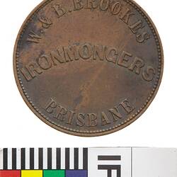 Token - 1 Penny, W.& B. Brookes, Ironmongers, Brisbane, Queensland, Australia, 1863