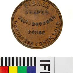 Token - Halfpenny, Mrs Fisher, Draper, Prahran, Victoria, Australia, 1857