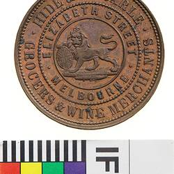 Token - 1 Penny, Hide & De Carle, Grocers & Wine Merchants, Melbourne, Victoria, Australia, 1858