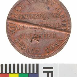 Surcharged Token - 1 Penny, William Andrew Jarvey, Pawnbroker, Hobart, Tasmania, circa 1860, M.N., Australia