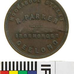 Surcharged Token - 'A.Vincent' on 1 Penny, R. Parker, Ironmonger, Geelong, Victoria, Australia, circa 1857