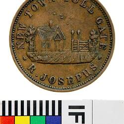 Mule Token - 1 Penny, R. Josephs, New Town Toll Gate, Newtown, Tasmania, Australia, 1855