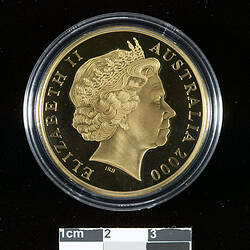 Bronze coin, plastic case, portrait of queen.