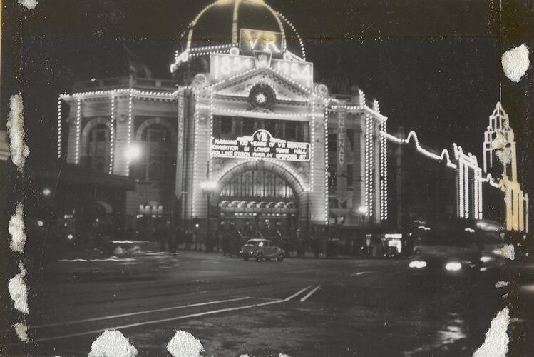 Digital Photograph - Flinders Street Railway Station Illuminated for Victorian Railway Centenary, Melbourne, 1954