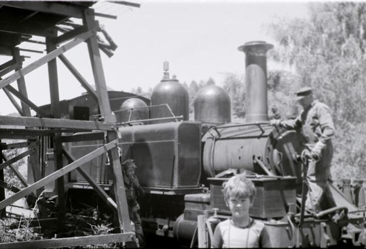 Digital Photograph - Boy Standing In front of 'Puffing Billy' steam train, Belgrave, circa 1977