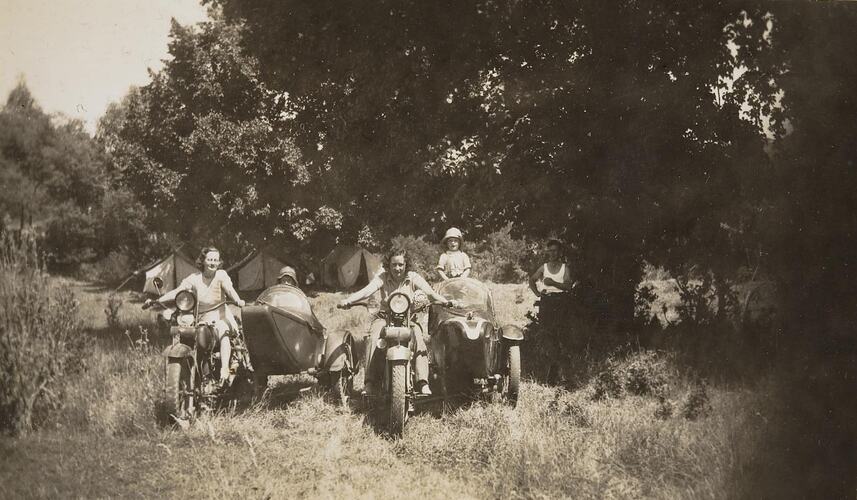 Digital Photograph - Girls Riding Motorbikes & Sidecars, Camping Site, Flowerdale, 1940
