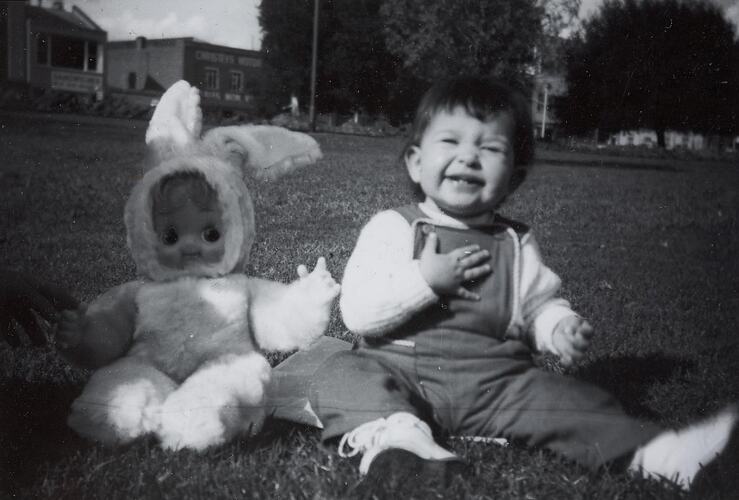 Digital Photograph - Girl with Bunny Toy, Flagstaff Gardens, Melbourne, 1964