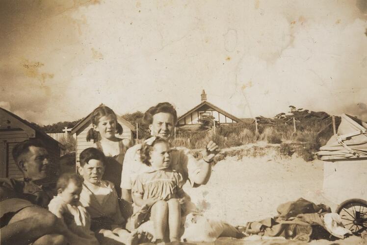Digital Photograph - Man, Woman, Two Girls, Boy & Baby on Holiday at Beach, Edithvale, 1947