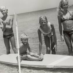 Digital Photograph - Two Boys, Three Girls & a Wooden Surf Ski, Carrum beach, 1970