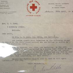 Letter - Australian Red Cross to Mrs Kemp, Killed in Action, 30 Apr 1918