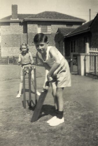 Boy & Girl Playing Cricket in Front Yard, Prahran, 1948