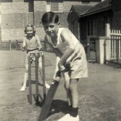 Boy & Girl Playing Cricket in Front Yard, Prahran, 1948