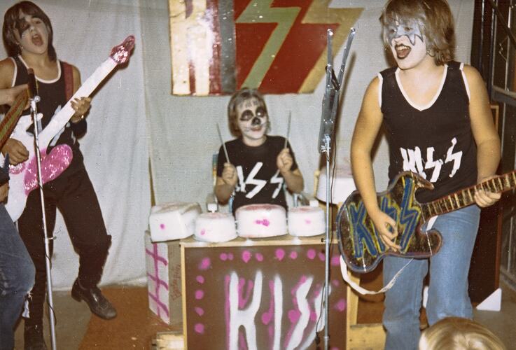 Four Boys in KISS Band Costume Performing to KISS Music, Notting Hill, 1976