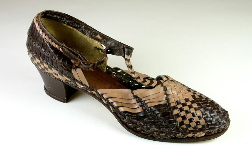 Shoe - Pink and Brown Leather Basketweave, dress shoe 1930s-1940s
