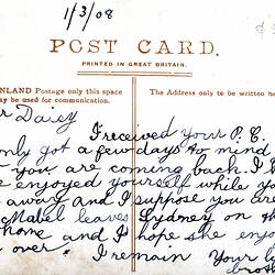Postcard - 'Greetings from Melbourne', Exhibition Building, Valentine's Series, Melbourne, circa 1908 (Reverse)