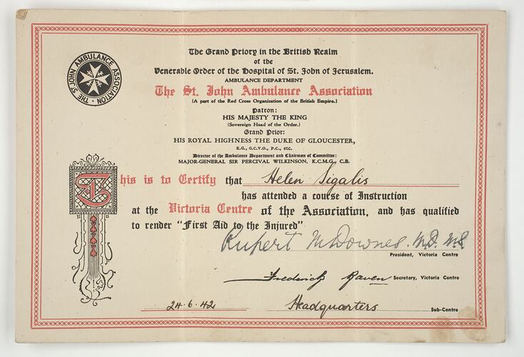 Certificate - First Aid, St John's Ambulance, awarded to Lili Sigalas, 24 June 1942
