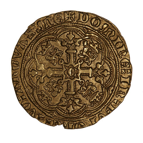 Coin, round, at centre, the letter E over a floriated cross. In each angle, a Lion passant below a crown.