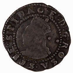 Coin, round, Crowned bust of the queen facing left in ruff and embroided dress; behind, 2 pellets; text around