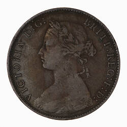 Coin - Halfpenny, Queen Victoria, Great Britain, 1875 (Obverse)