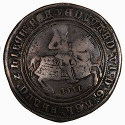 Coin, round, The King on horseback, crowned and holding sword; text around.