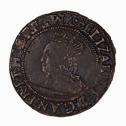 Coin, round, Within an inner bead circle, crowned bust of the Queen, wearing ruff and decorated dress.